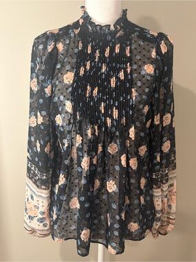 Renuar Black Sheer Floral Pleated Mock Neck Blouse - Small